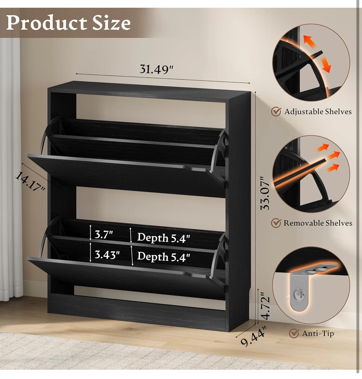 2-Tier Black Shoe Cabinet - photo 2