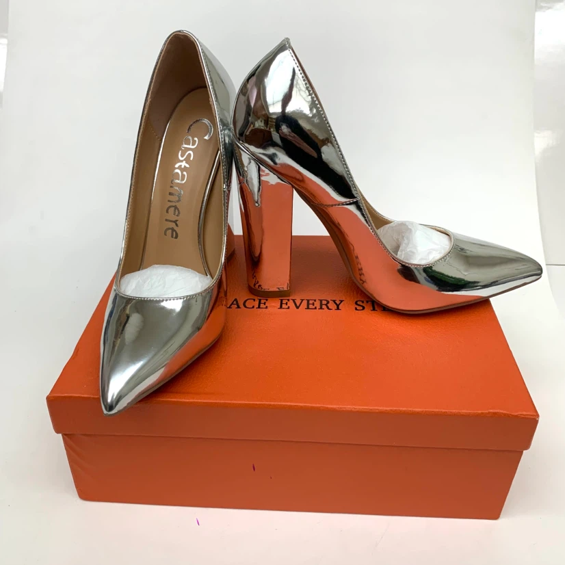 Castamere silver block heels, size 7