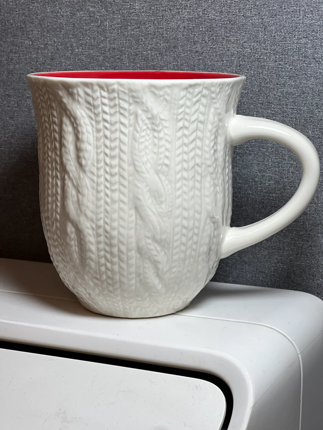 White Cable Knit Textured Ceramic Mug with Red Glazed Interior