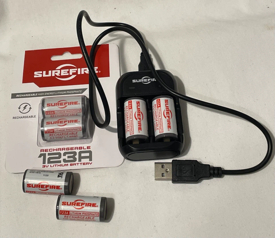 Six Surefire 123A Rechargeable Batteries and Charger