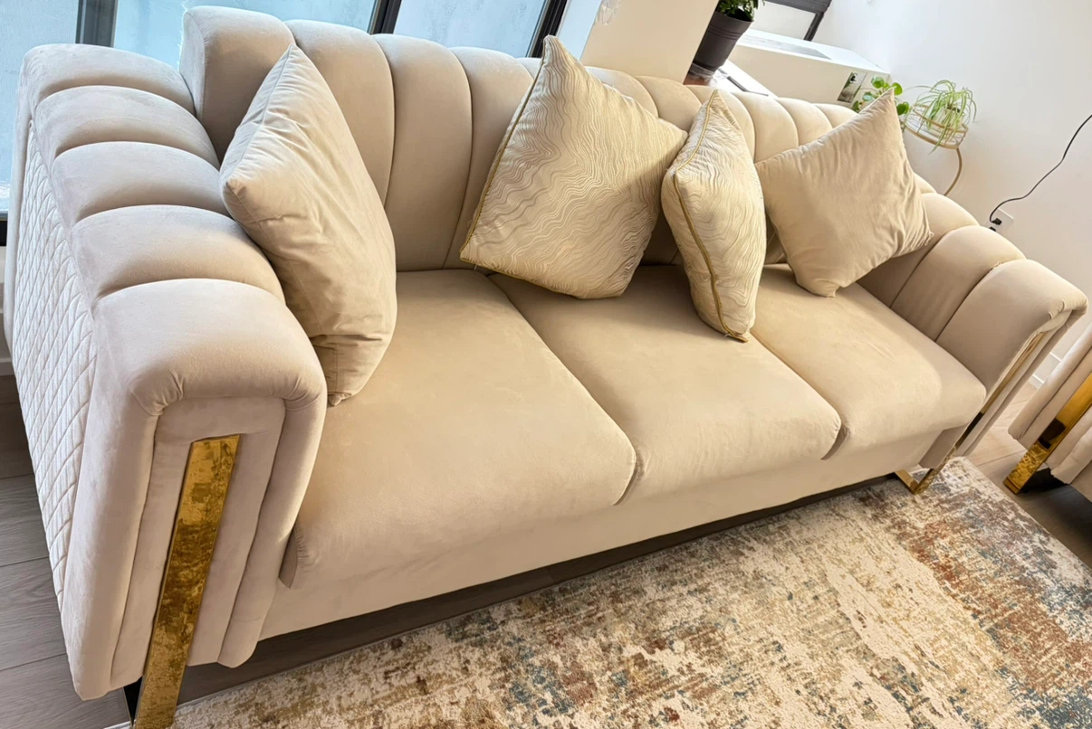 Cream Velvet Sofa with Gold Accents