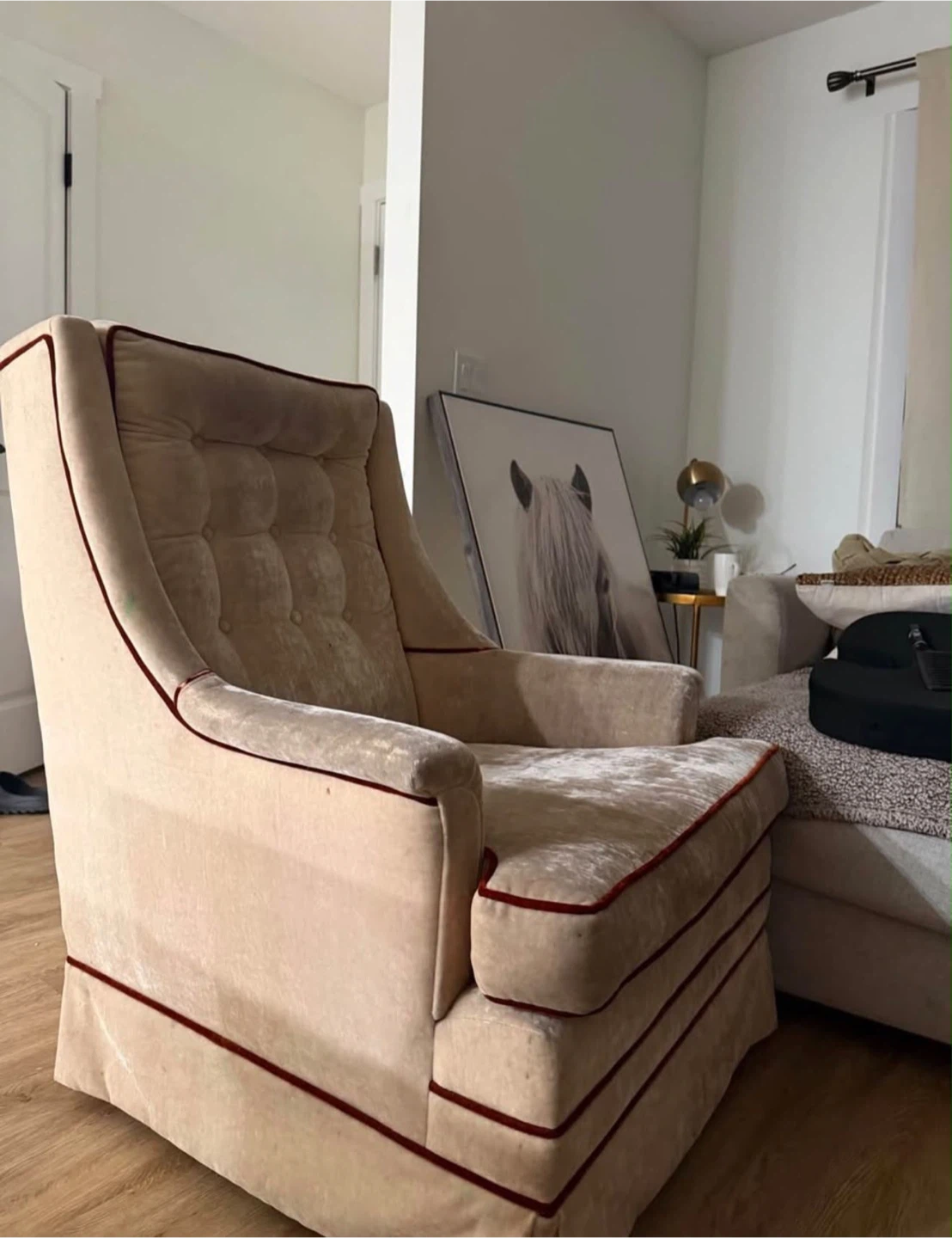 Vintage Beige Tufted Armchair with Red Piping