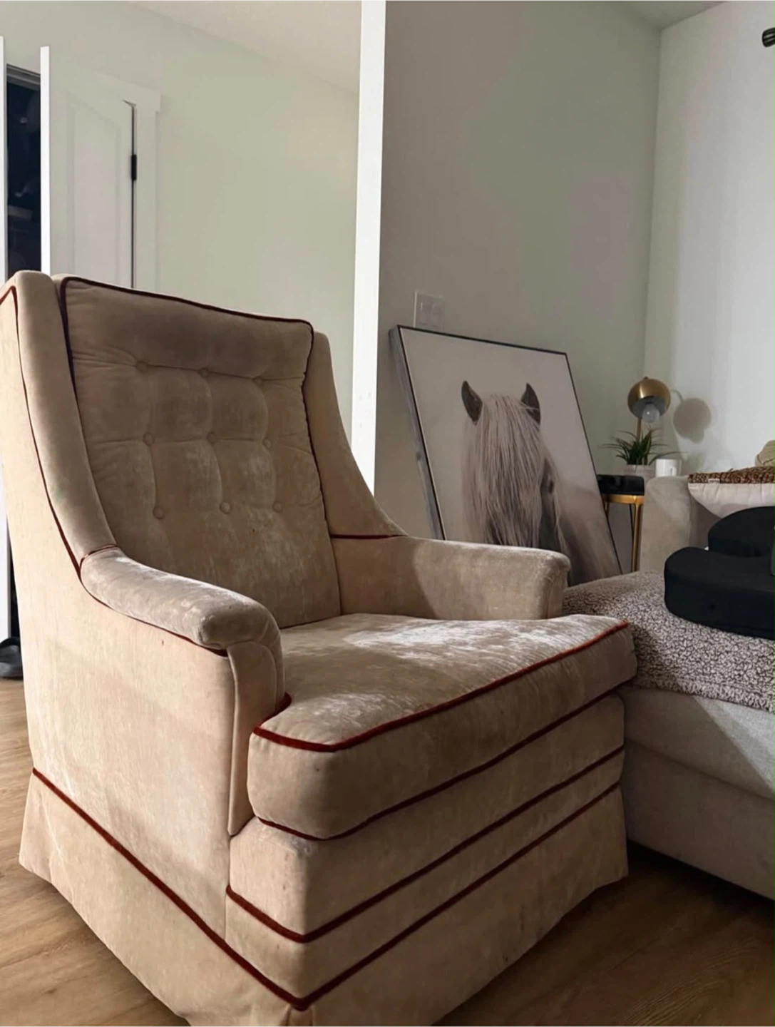 Vintage Beige Tufted Armchair with Red Piping - photo 2
