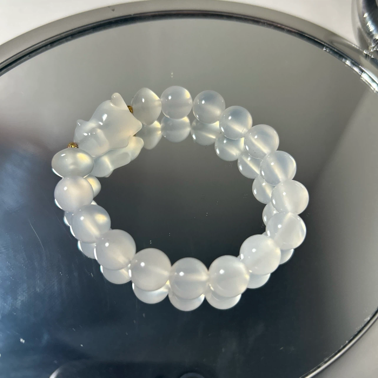 White Agate Bead Bracelet with Cat Charm