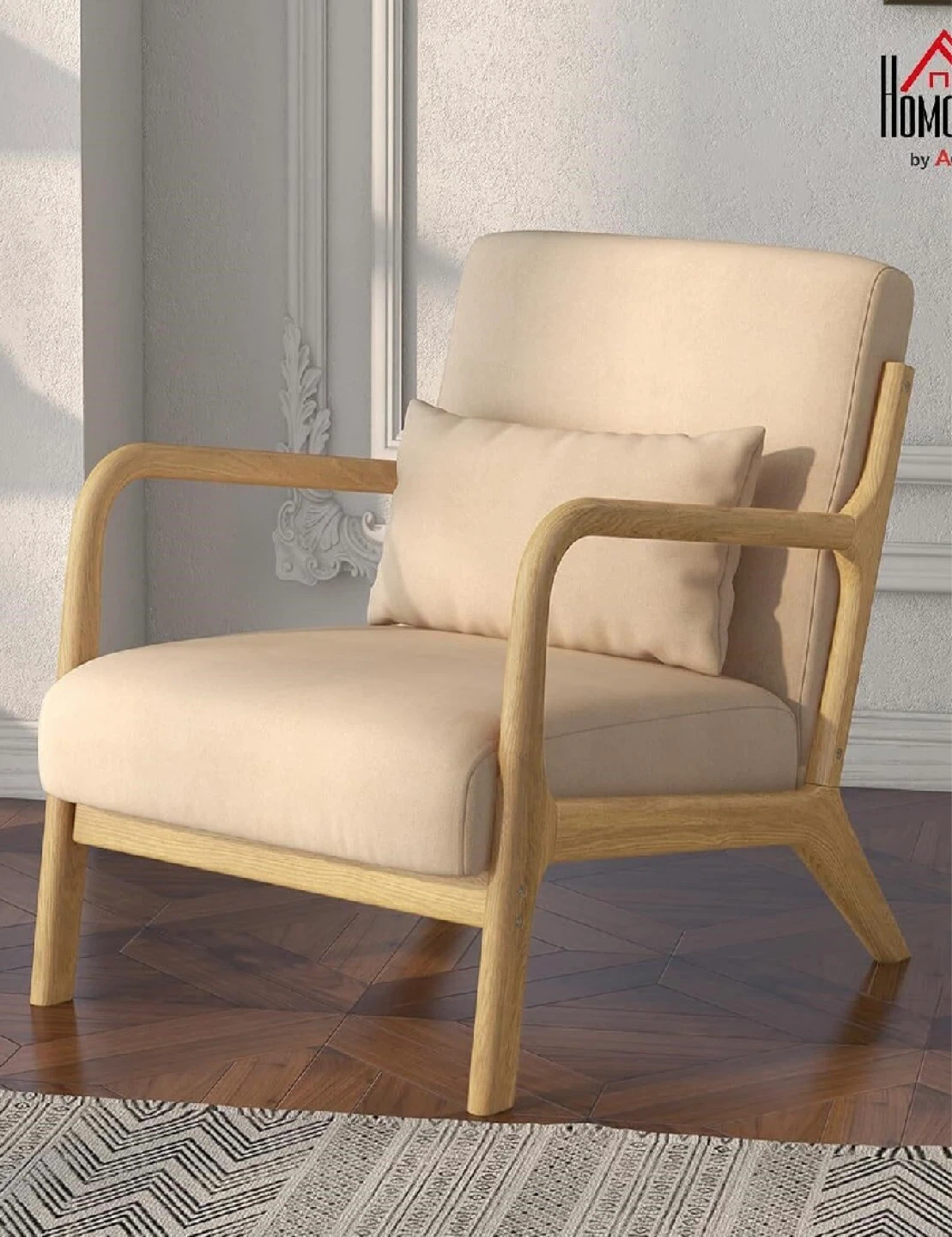 Beige Accent Armchair with Wooden Frame