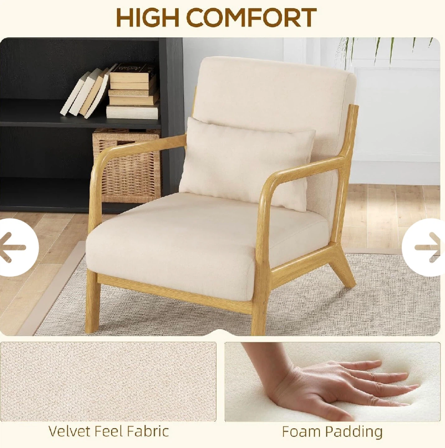 Beige Accent Armchair with Wooden Frame - photo 3