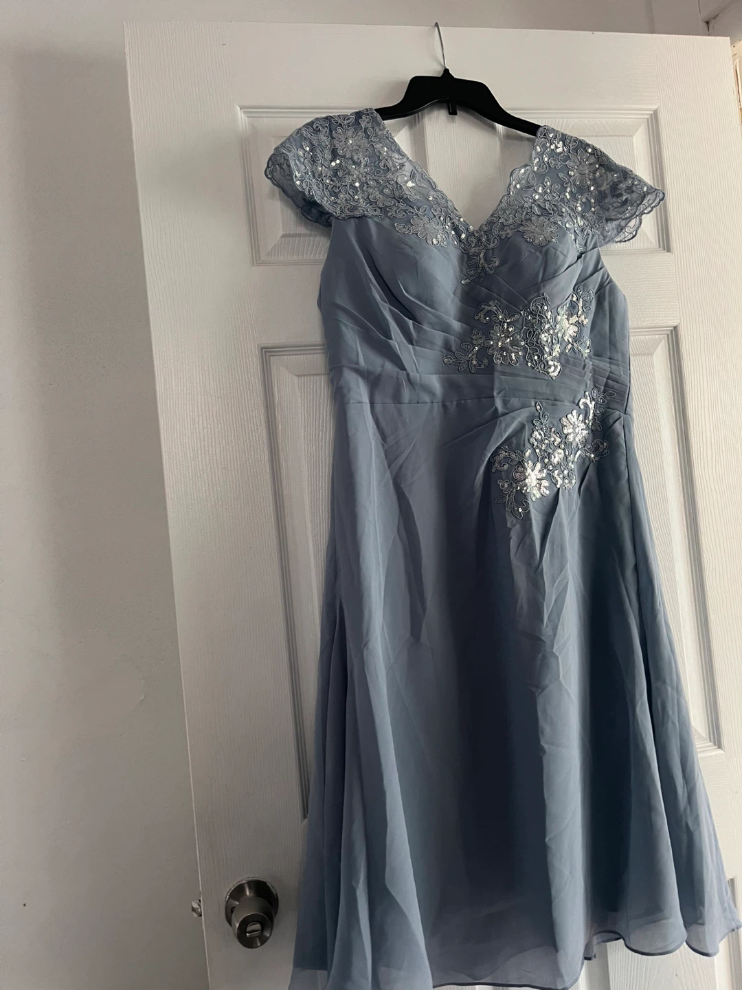 Dusty Blue Evening Dress with Lace and Sequins