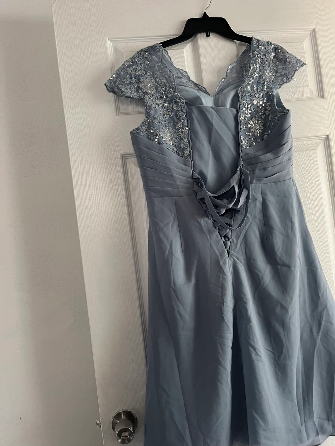 Dusty Blue Evening Dress with Lace and Sequins - photo 3