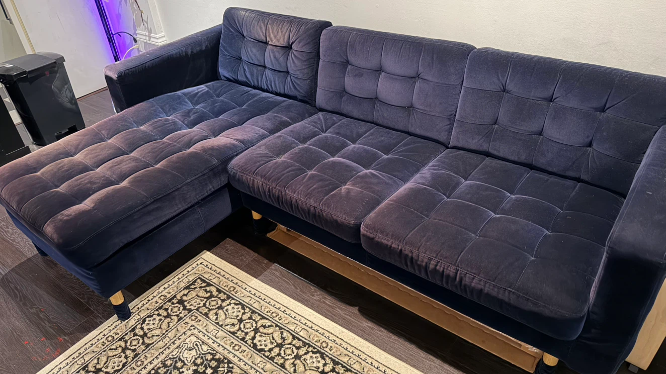 IKEA Navy Blue Velvet Sectional Sofa with Chaise