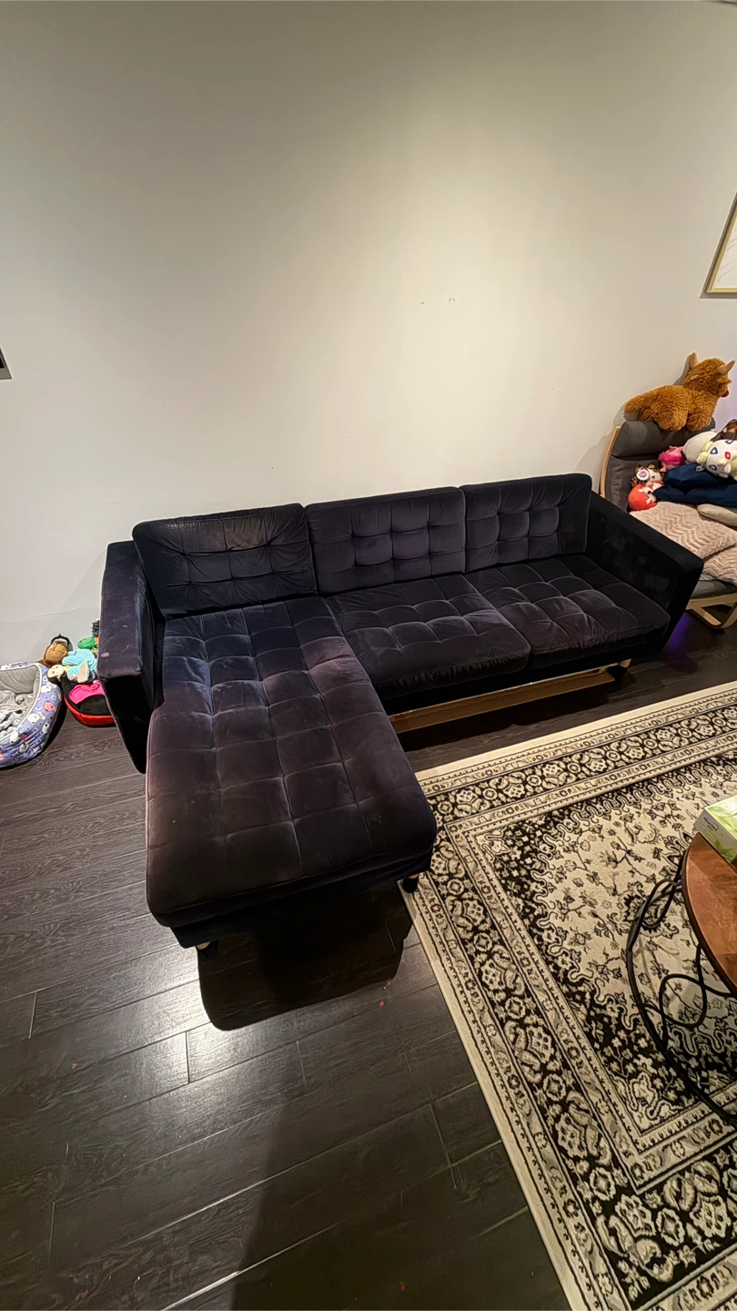 IKEA Navy Blue Velvet Sectional Sofa with Chaise - photo 2