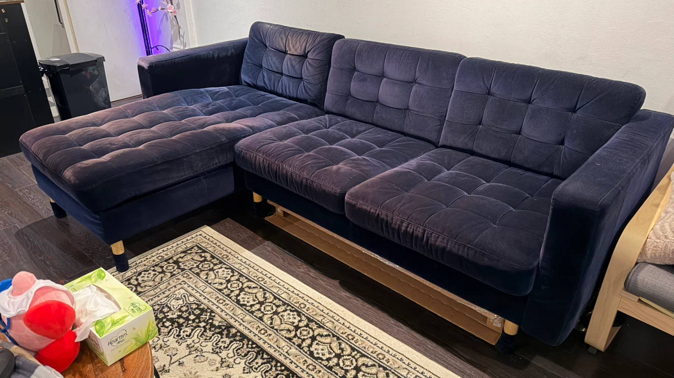 IKEA Navy Blue Velvet Sectional Sofa with Chaise - photo 3