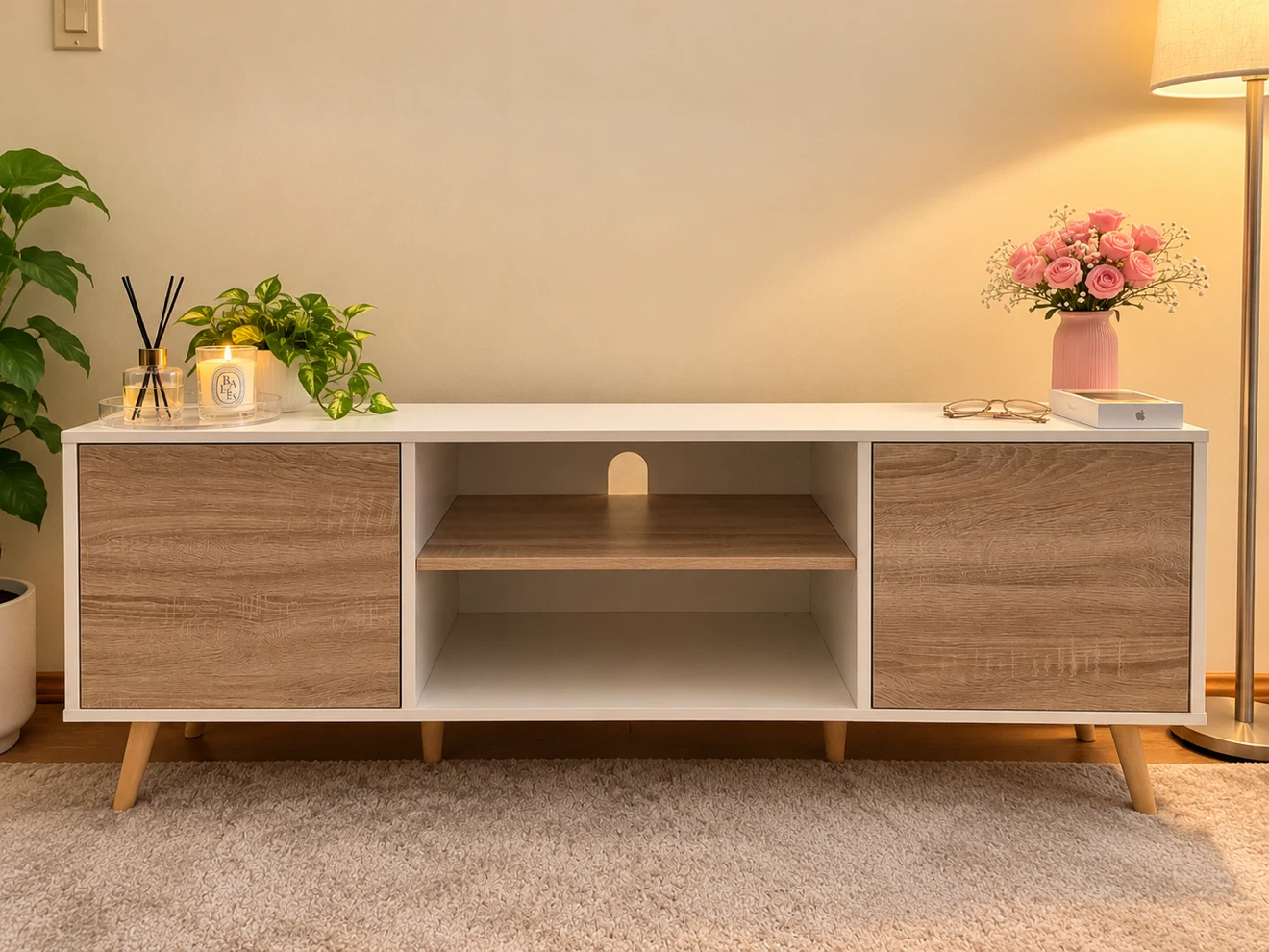 White and Oak Finish TV Media Console