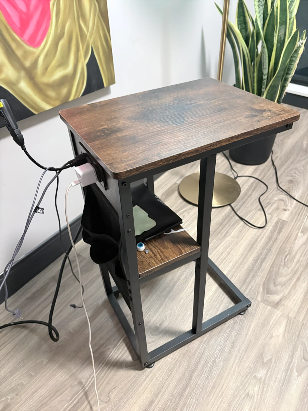 Rustic Industrial Side Table with Power Outlets