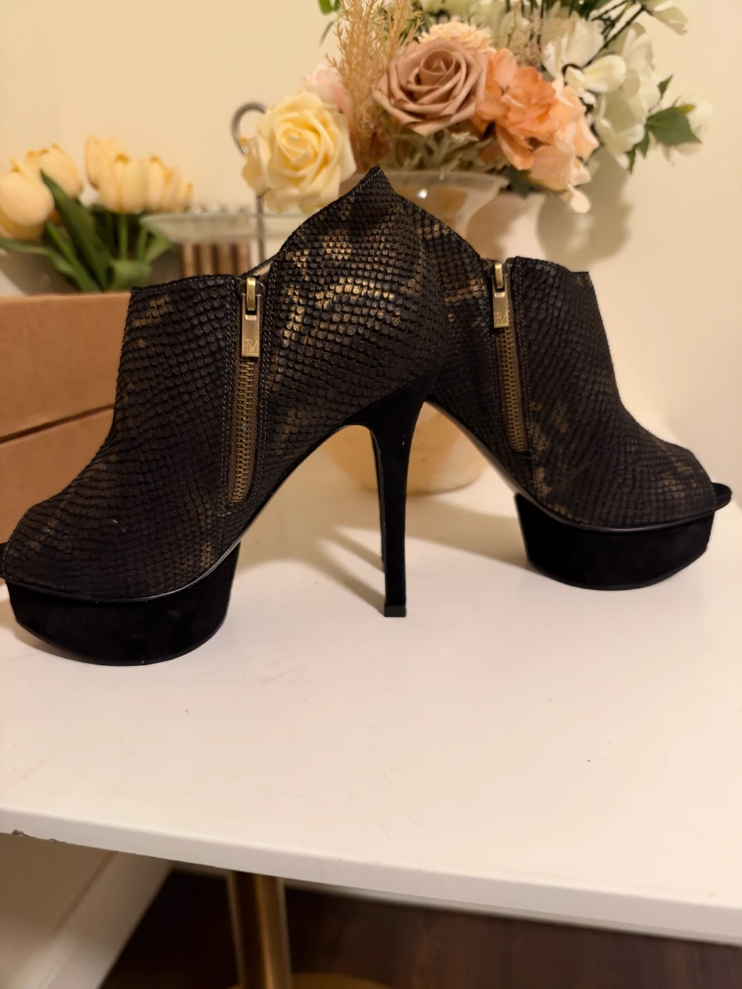 RM Black and Gold Snake Print Platform Ankle Boots