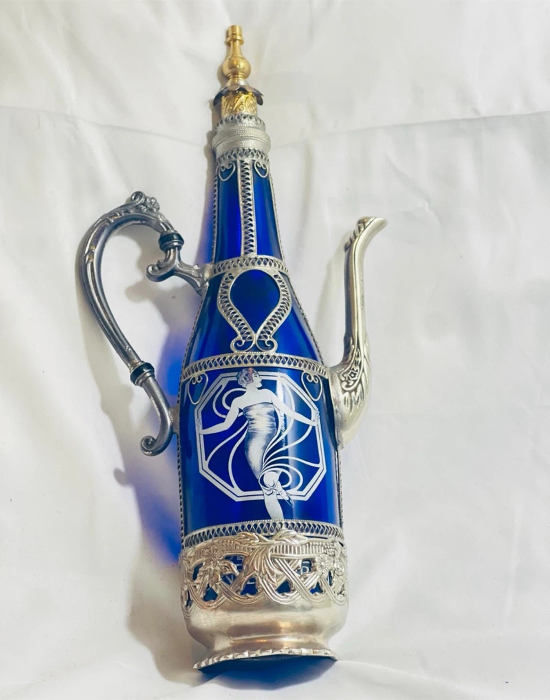 Vintage Cobalt Blue Glass Decanter with Metal Overlay