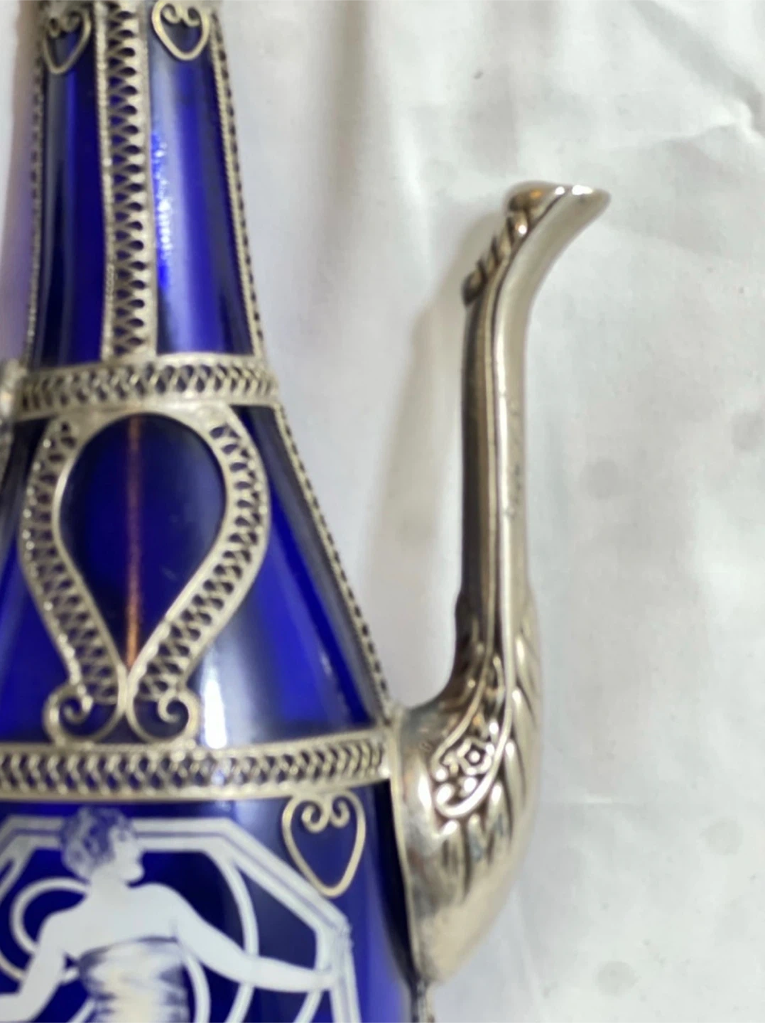 Vintage Cobalt Blue Glass Decanter with Metal Overlay - photo 2