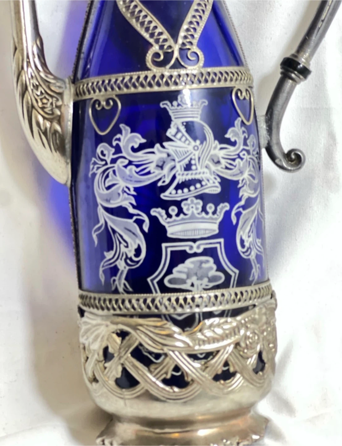 Vintage Cobalt Blue Glass Decanter with Metal Overlay - photo 3