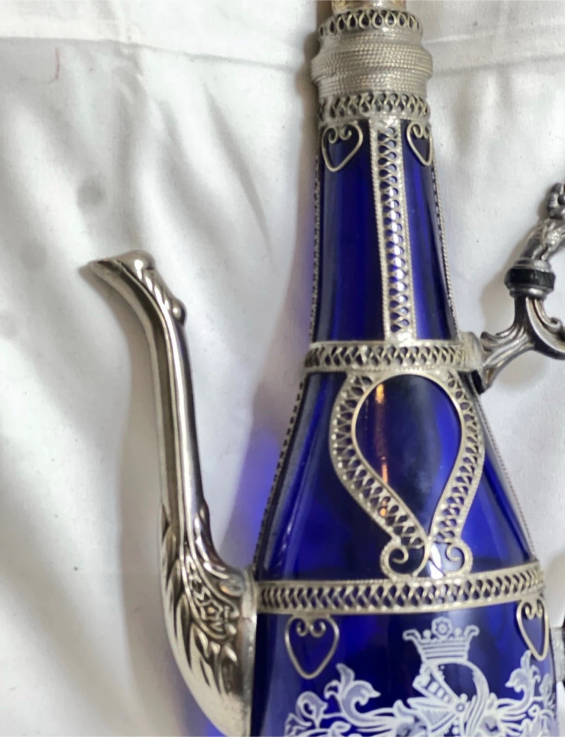 Vintage Cobalt Blue Glass Decanter with Metal Overlay - photo 4