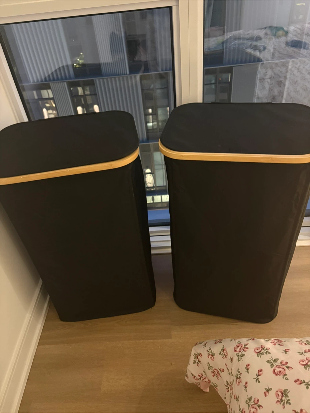 Two Black Fabric Laundry Hampers