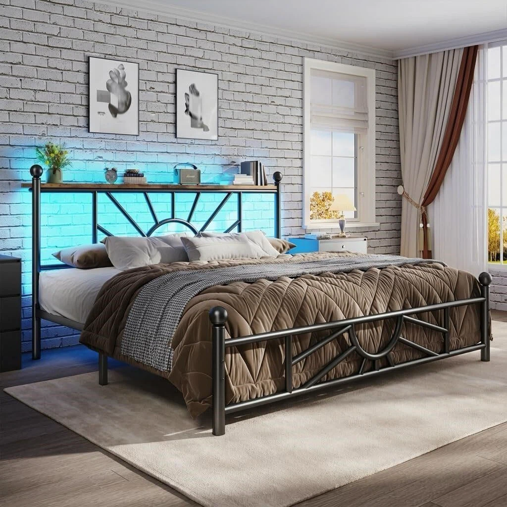 Queen Metal Bed Frame with LED Headboard and Storage Shelf