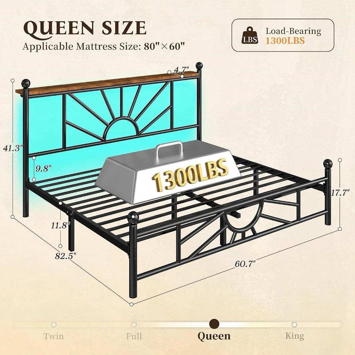 Queen Metal Bed Frame with LED Headboard and Storage Shelf - photo 2