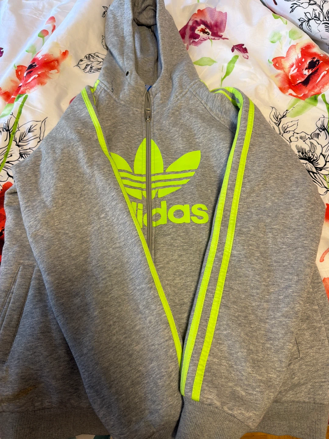 Adidas Grey and Neon Yellow Zip-Up Hoodie