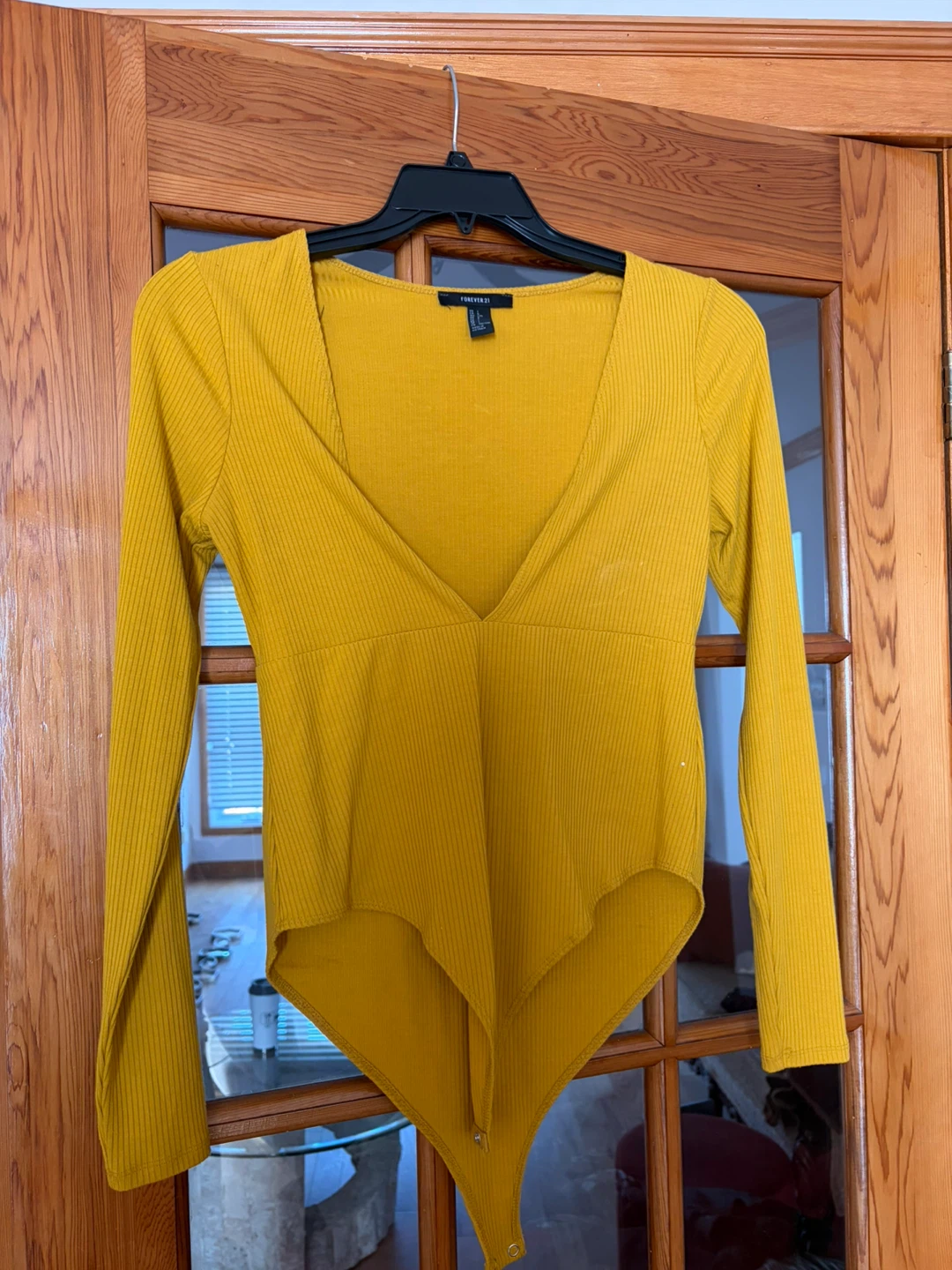 Forever 21 Yellow Ribbed Long Sleeve Bodysuit
