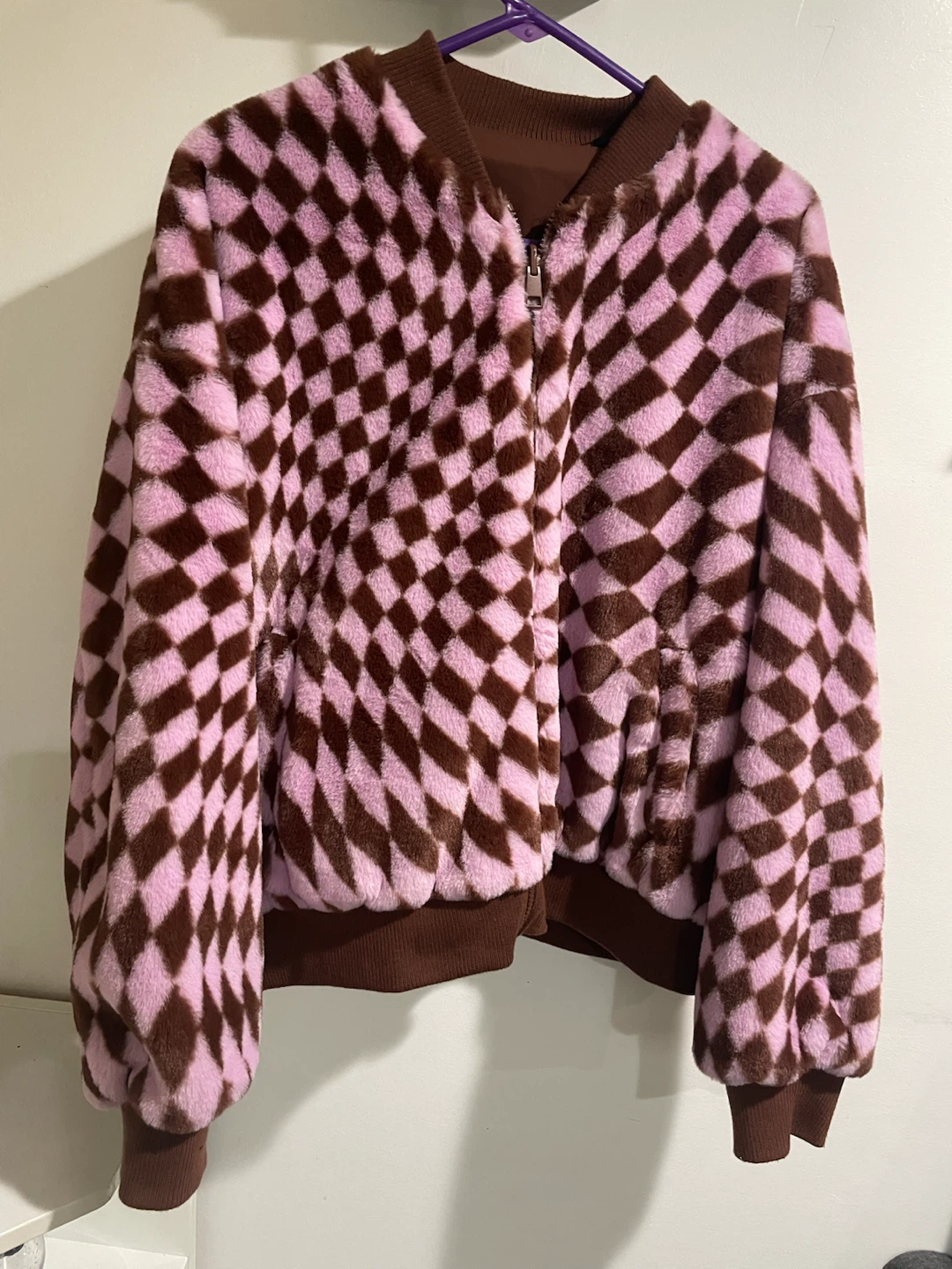 Reversible Brown and Pink Checkered Bomber Jacket