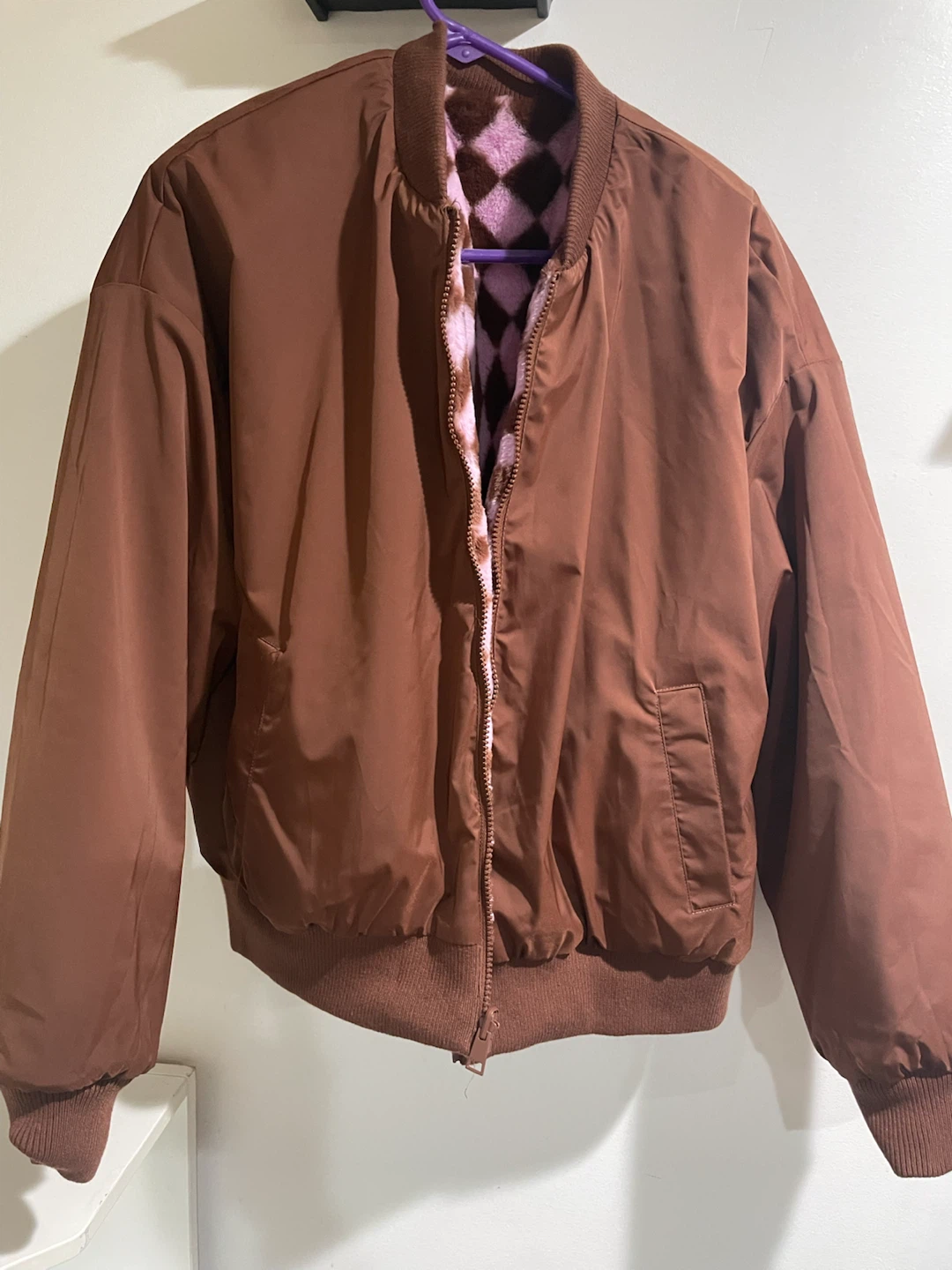 Reversible Brown and Pink Checkered Bomber Jacket - photo 5