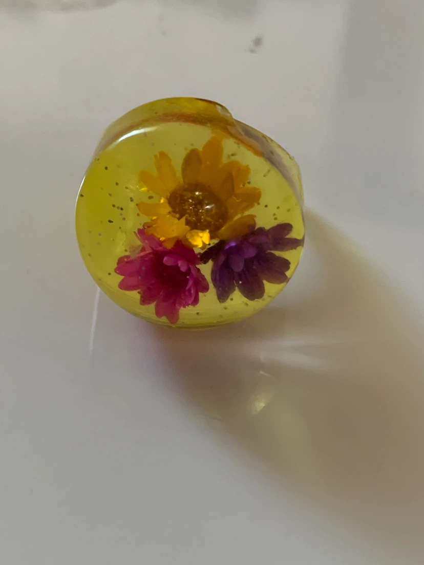 Yellow Resin Ring with Dried Flowers