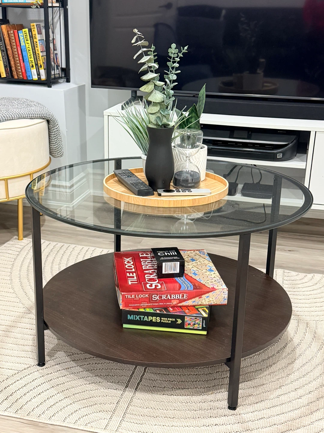 Round Glass Coffee Table with Lower Shelf