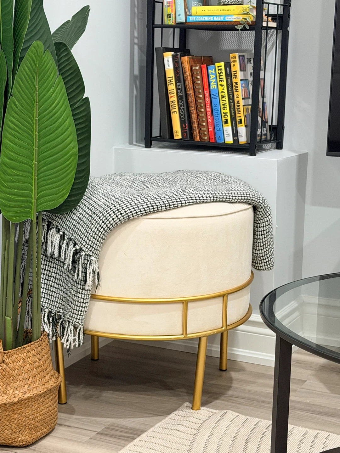Cream Velvet Round Ottoman with Gold Metal Base