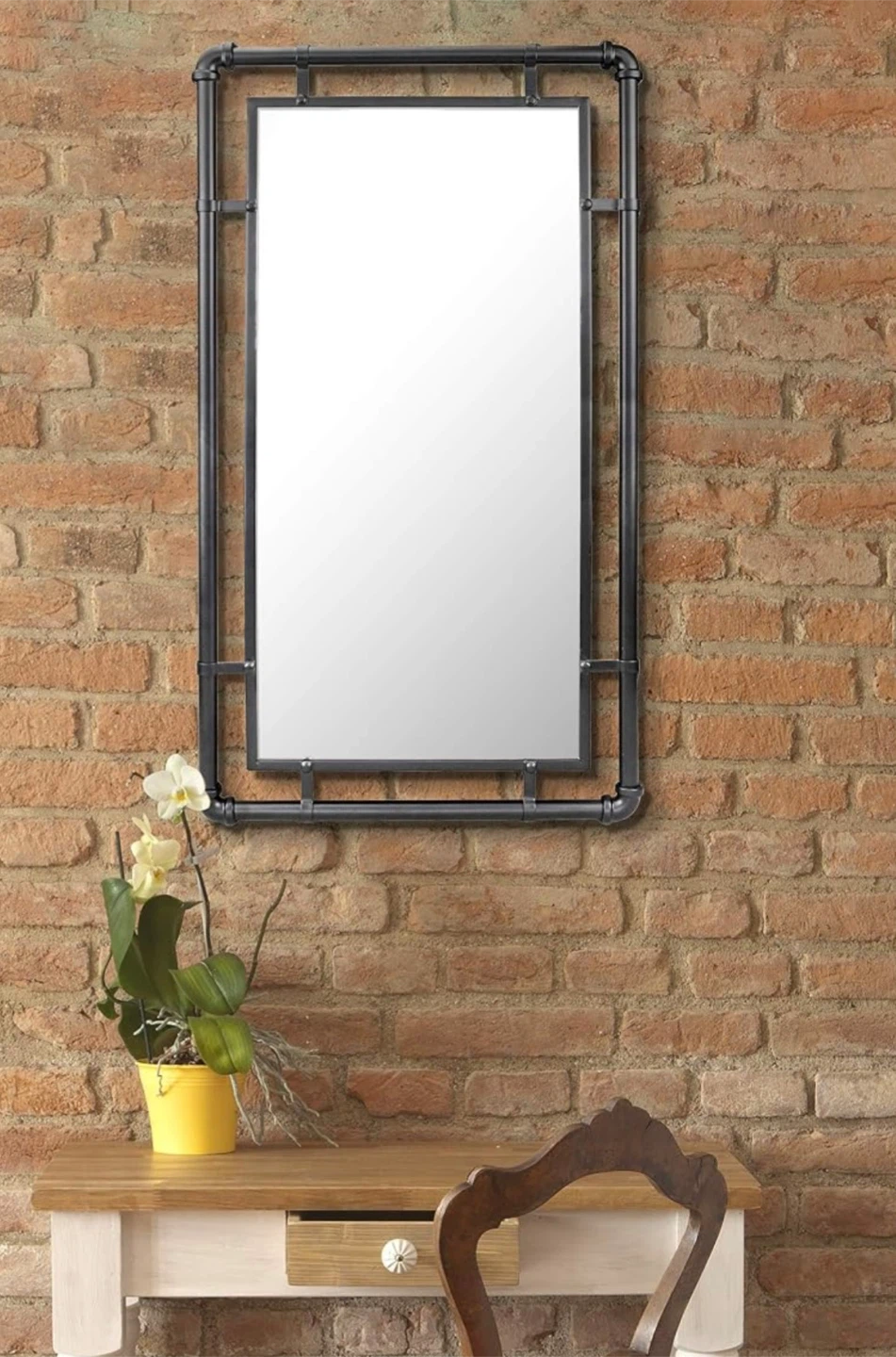 29.1" × 16.7" Industrial Black Metal Pipe Wall Mirror - photo 2