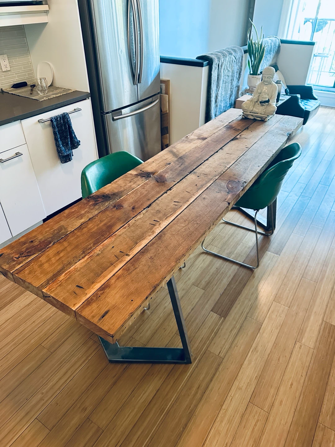 LONG VINTAGE RECLAIMED WOOD STEEL DINING TABLE / OFFICE DESK