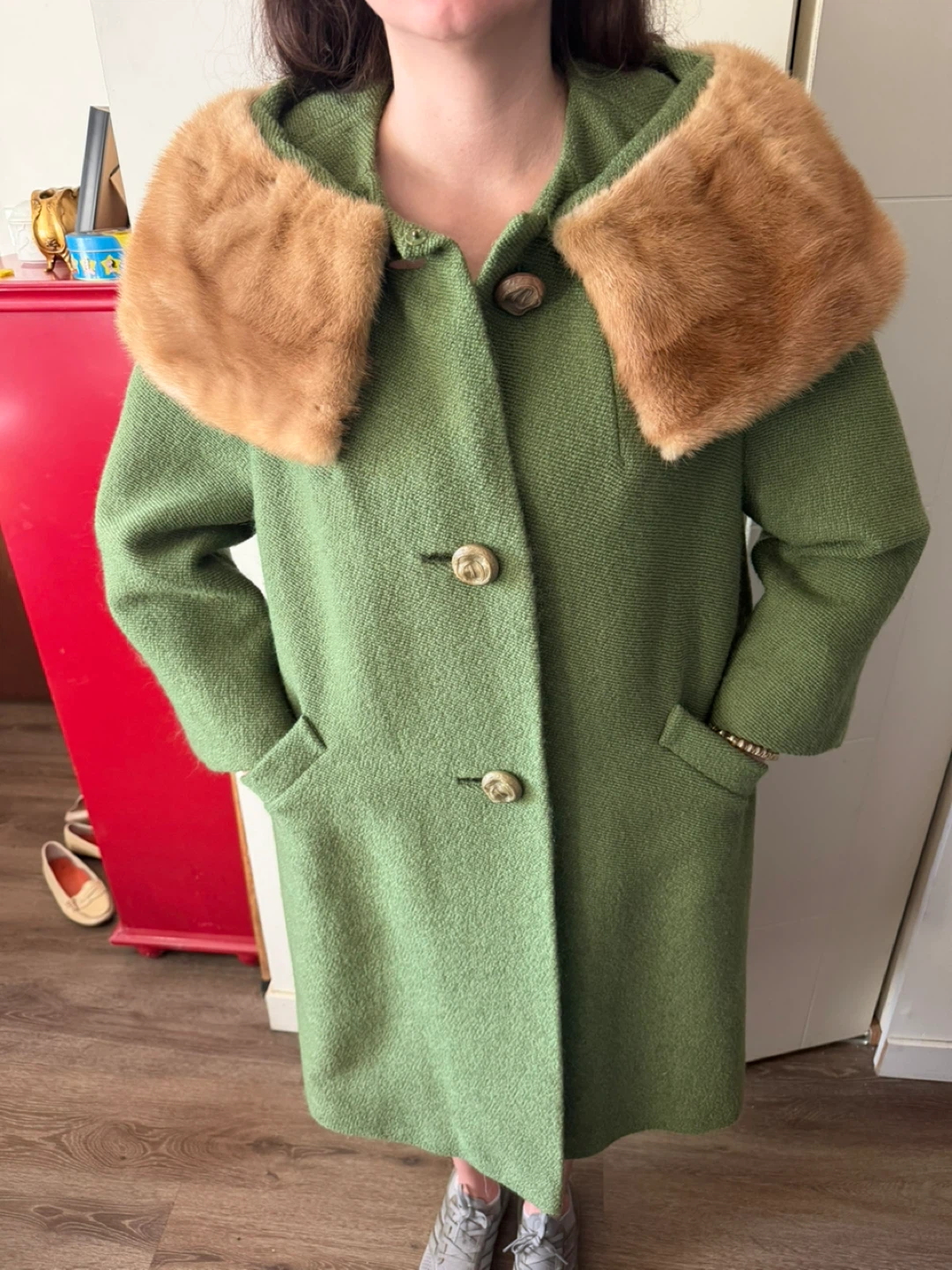 Vintage Green Wool Coat with Fur Collar - photo 2
