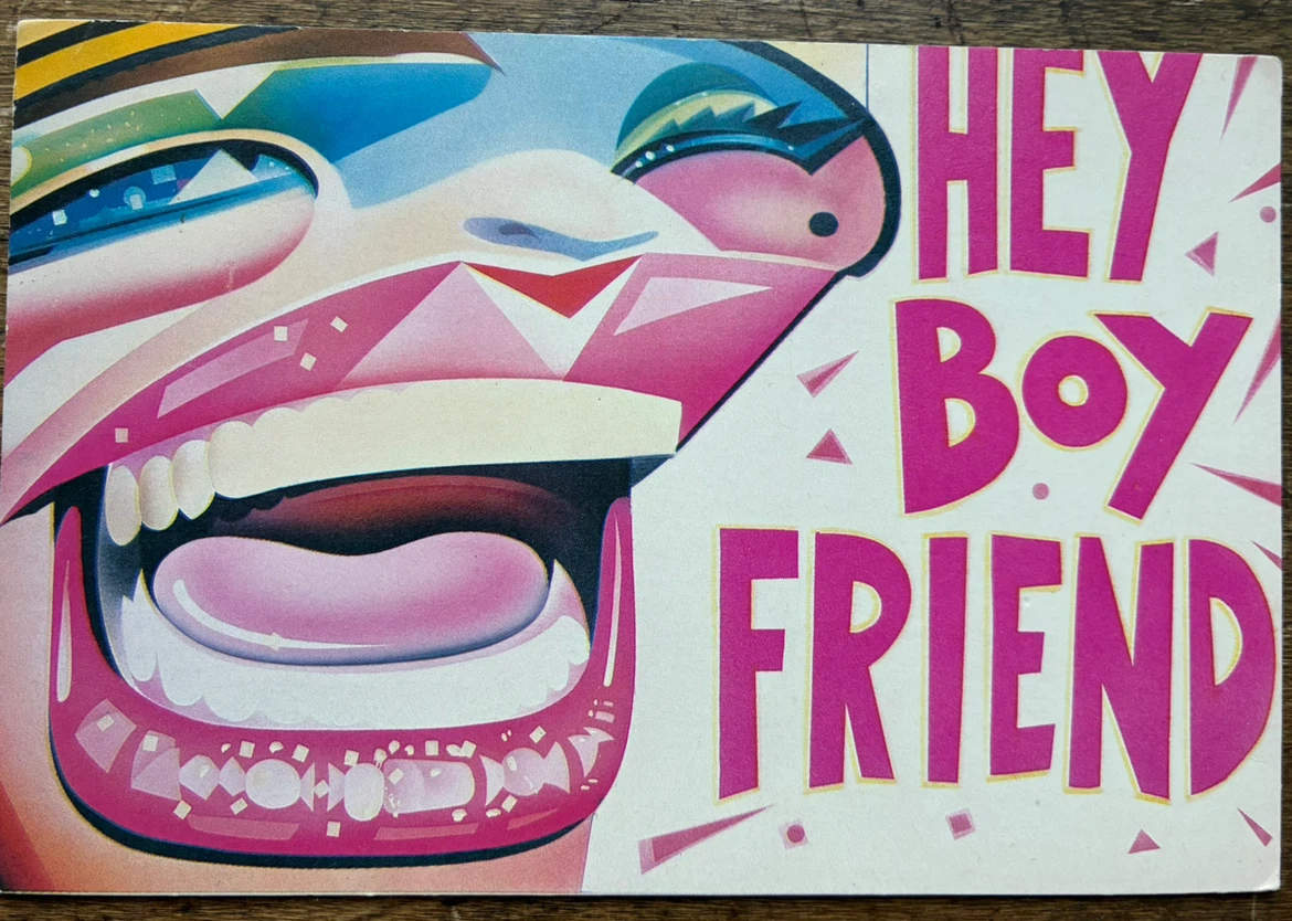 $10 Vintage Hey Boy Friend punk 1980 Pop Art Postcard Risko