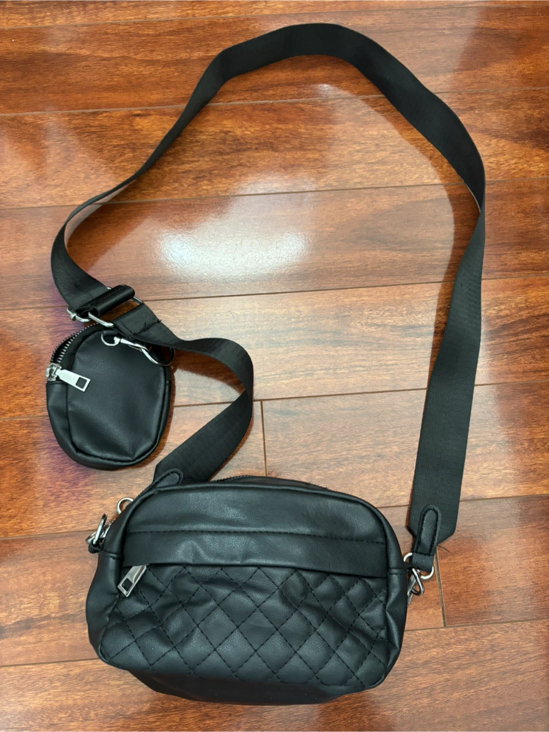 Black Quilted Crossbody Bag with Coin Pouch