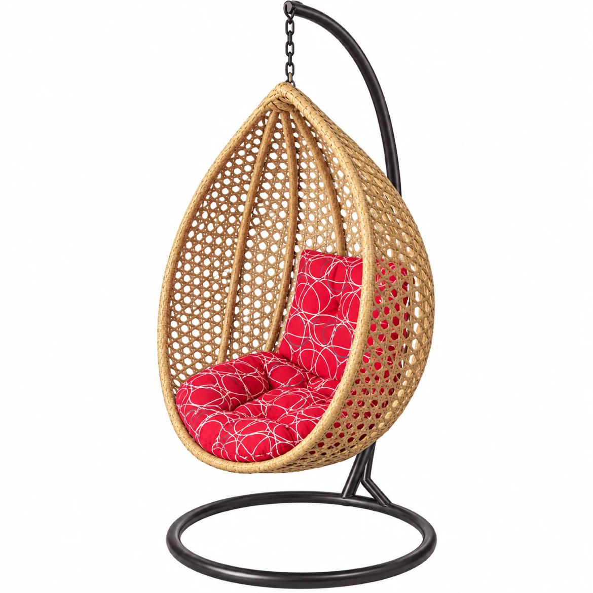 Wicker Egg Swing Chair with Red Cushion - Used