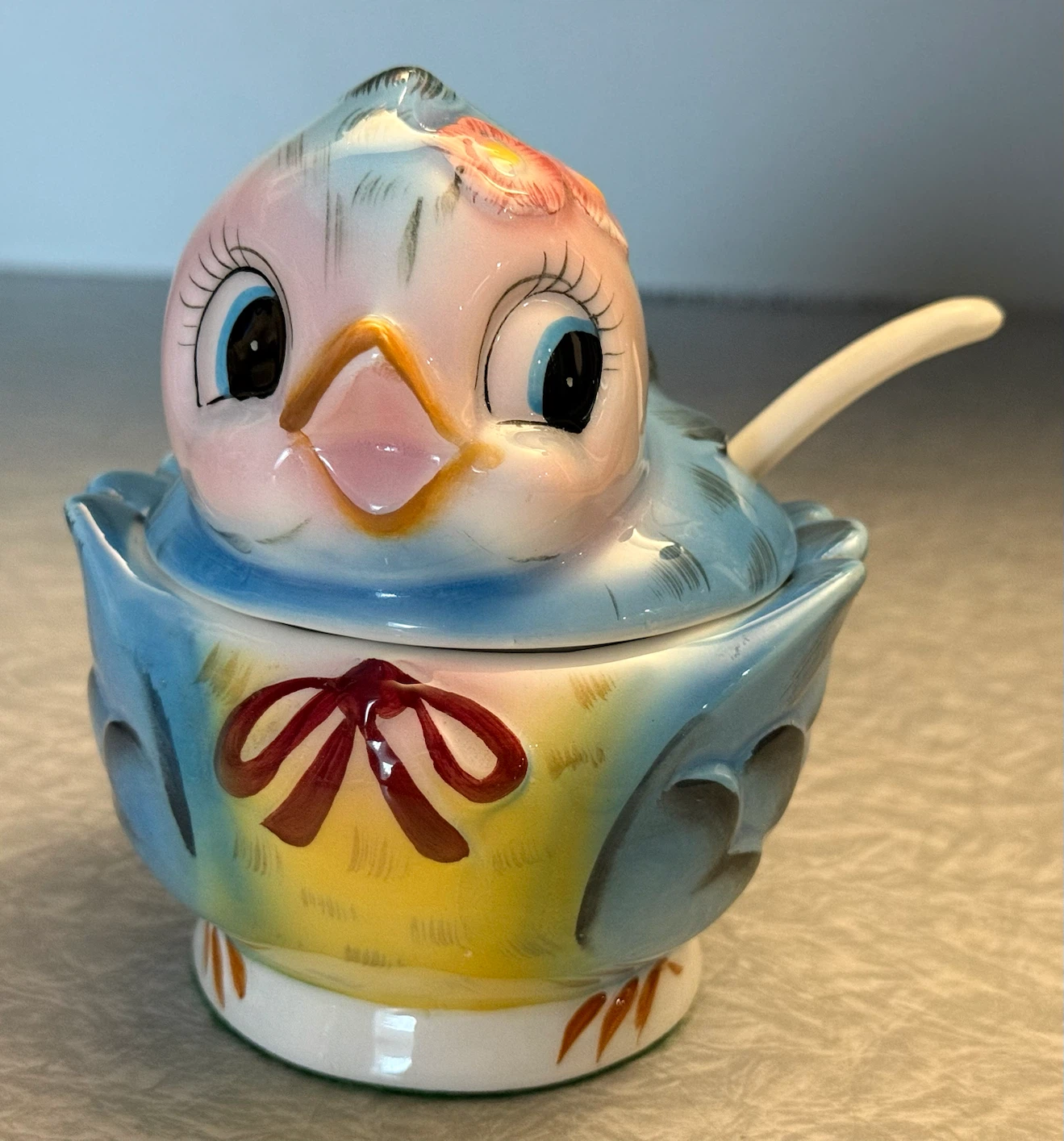 Vintage Lefton Blue Bird Jam Pot with spoon