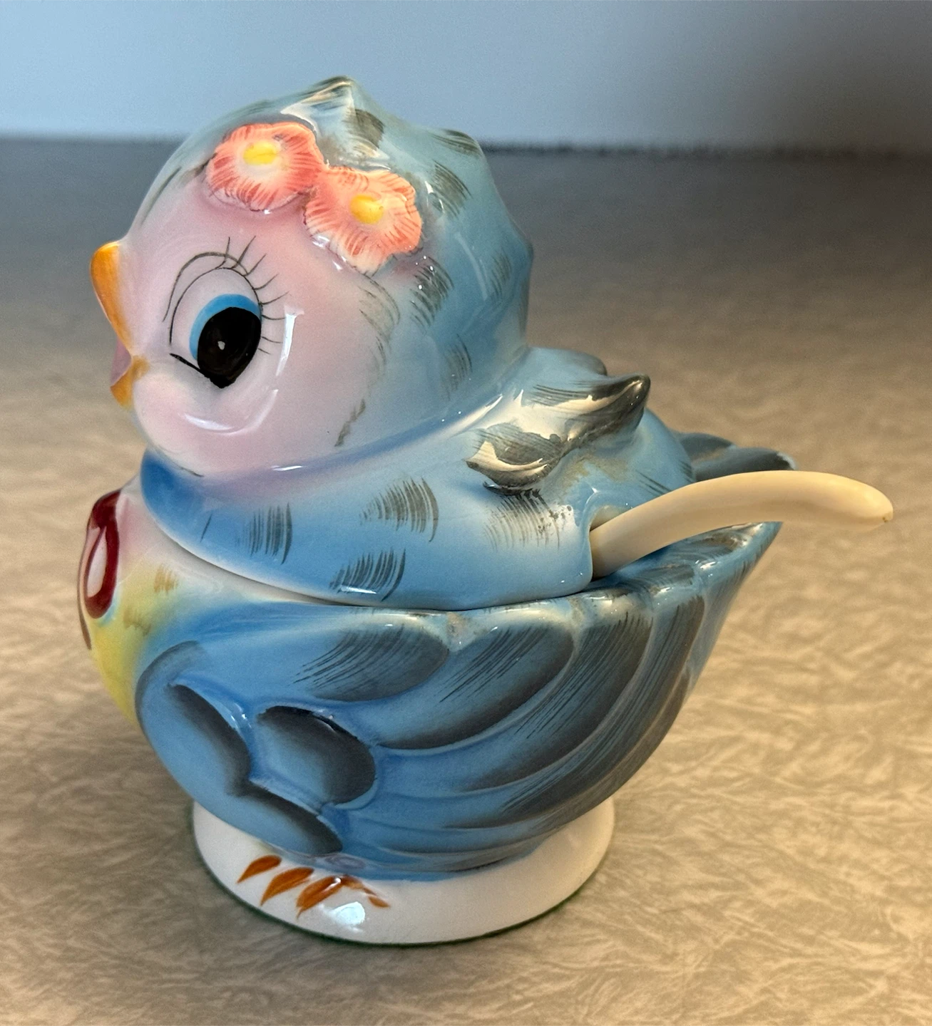 Vintage Lefton Blue Bird Jam Pot with spoon - photo 2