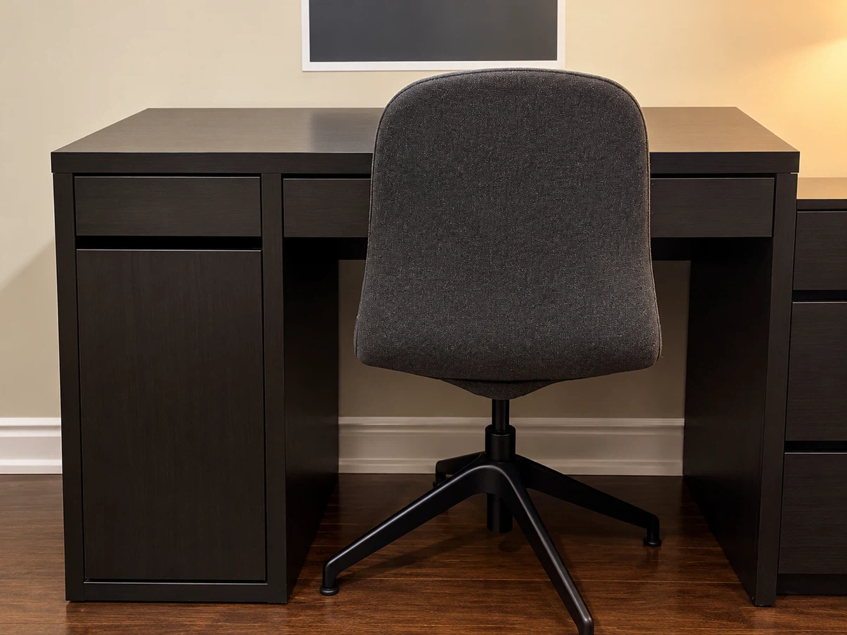 Black IKEA MICKE desk with drawers