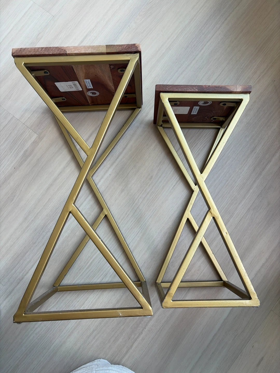Set of Two Metal and Wood Planter Stands