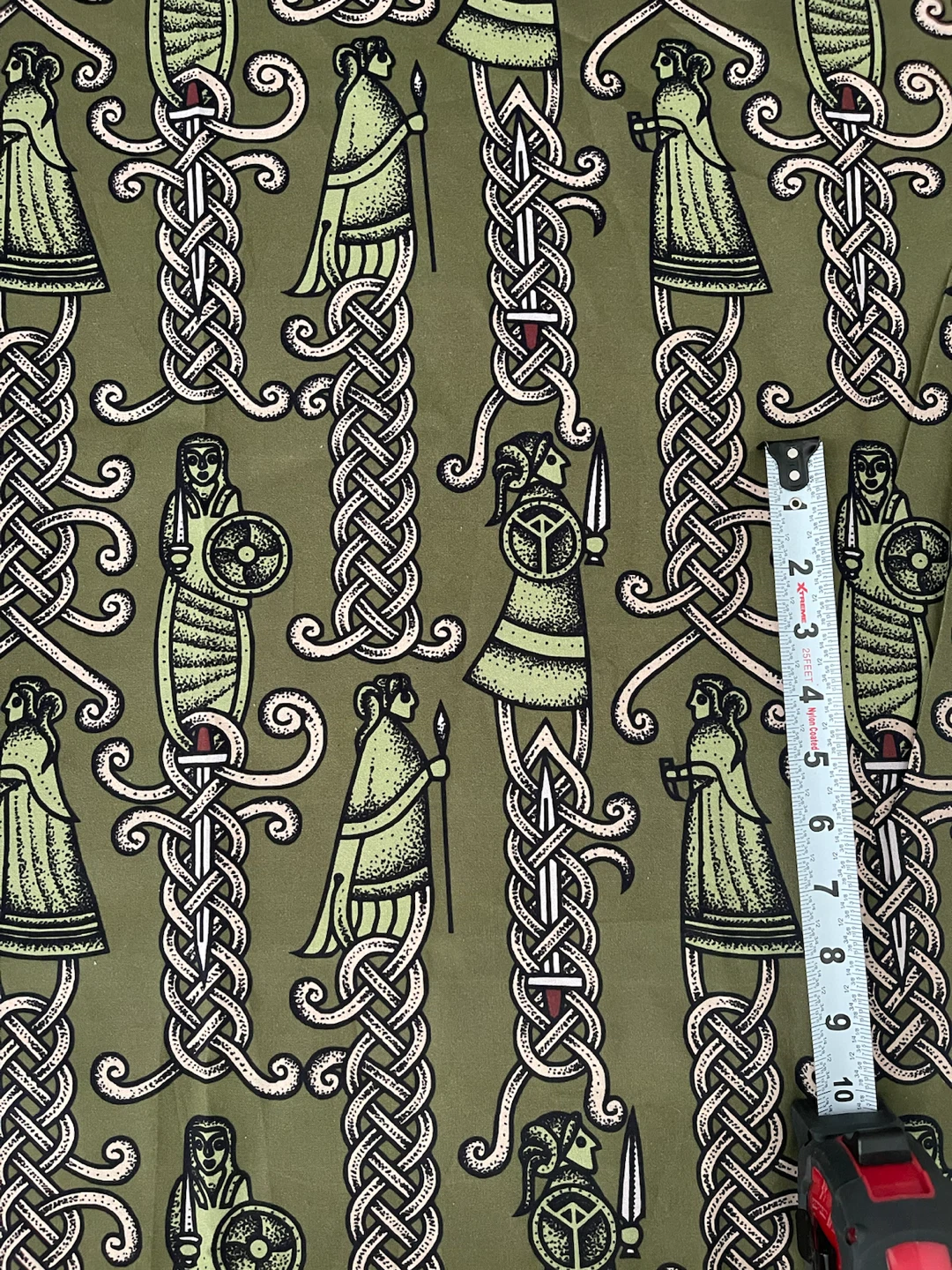 Olive Green Viking Warrior Print Fabric
