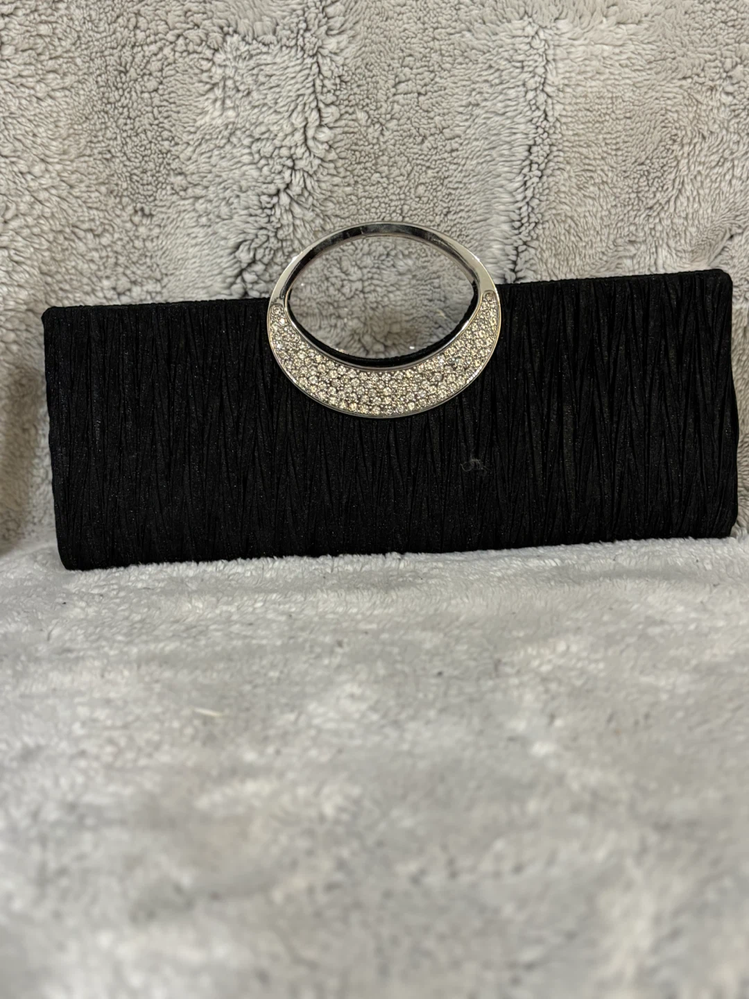 Black Pleated Evening Clutch with Rhinestone Handle