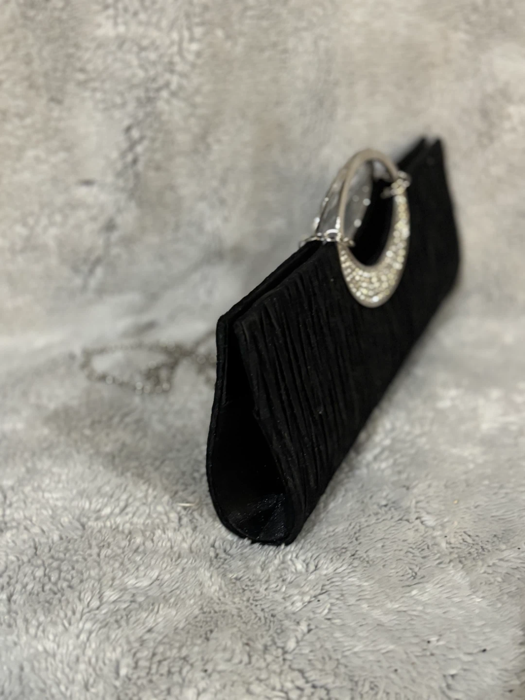 Black Pleated Evening Clutch with Rhinestone Handle - photo 3