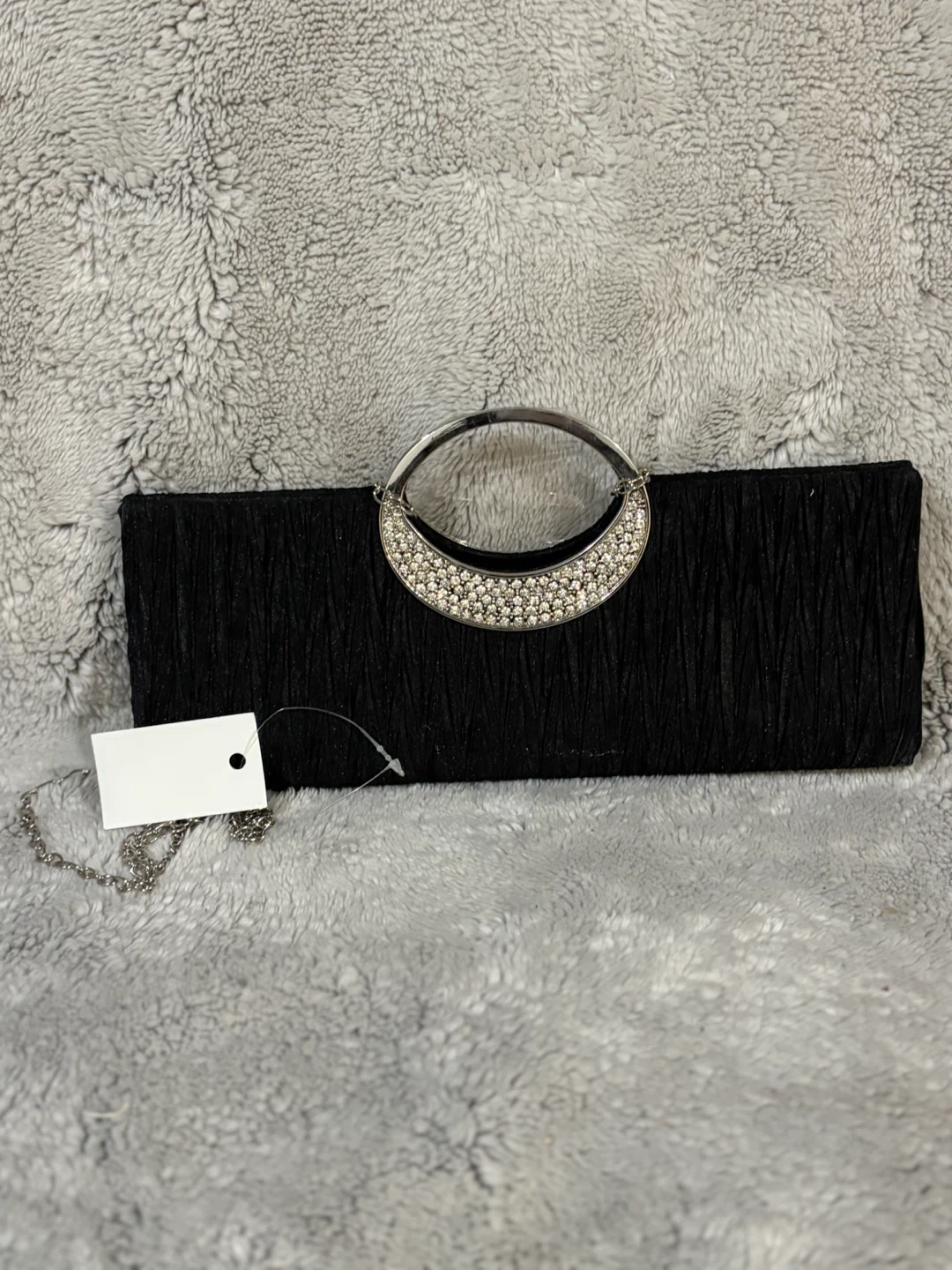 Black Pleated Evening Clutch with Rhinestone Handle - photo 4