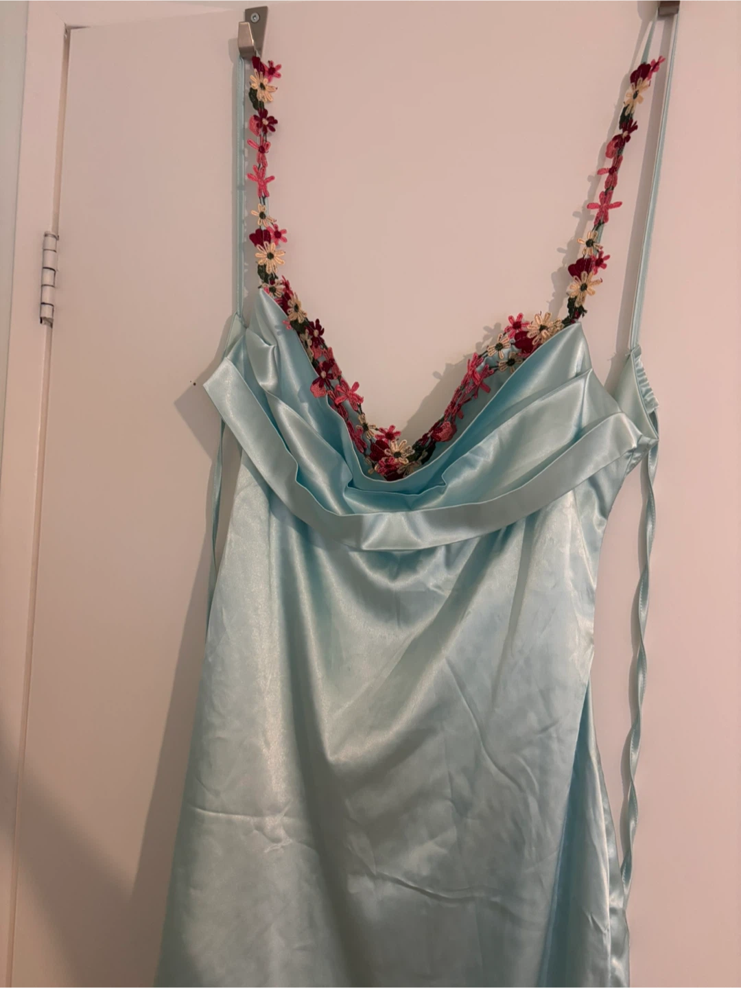 Light blue floral strap satin mini dress