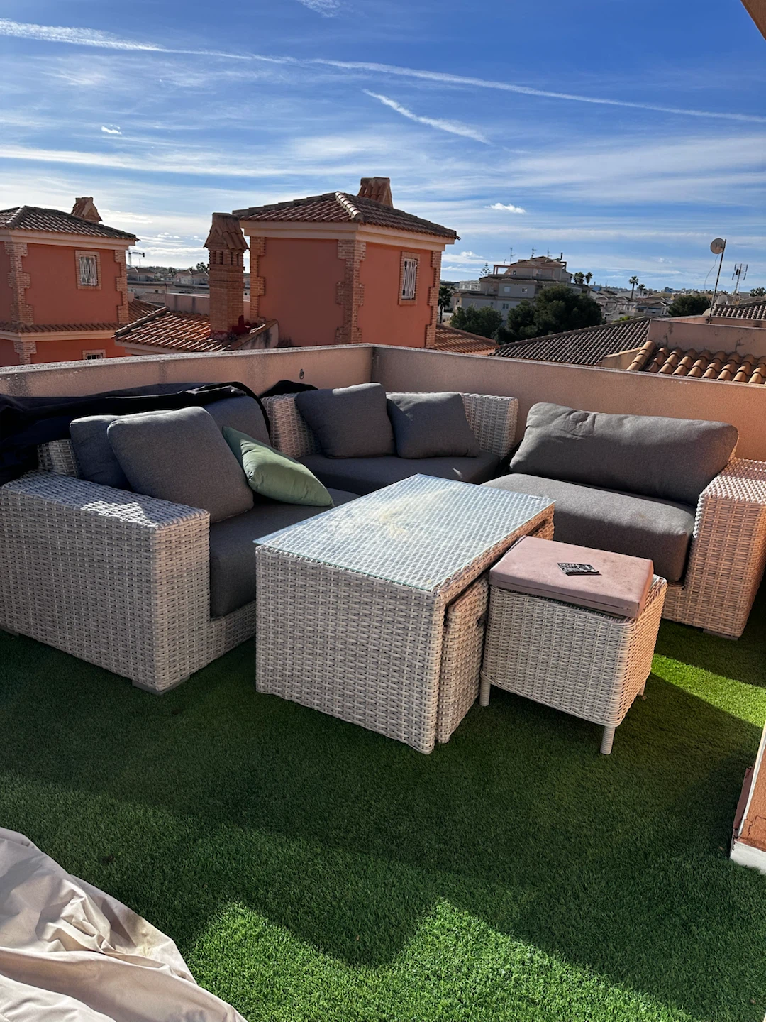 Wicker Patio Sofa Set with Glass Top Table