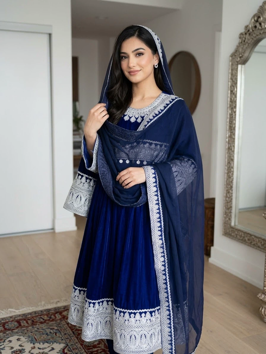 Blue Velvet Pakistani Suit with Silver Embroidery