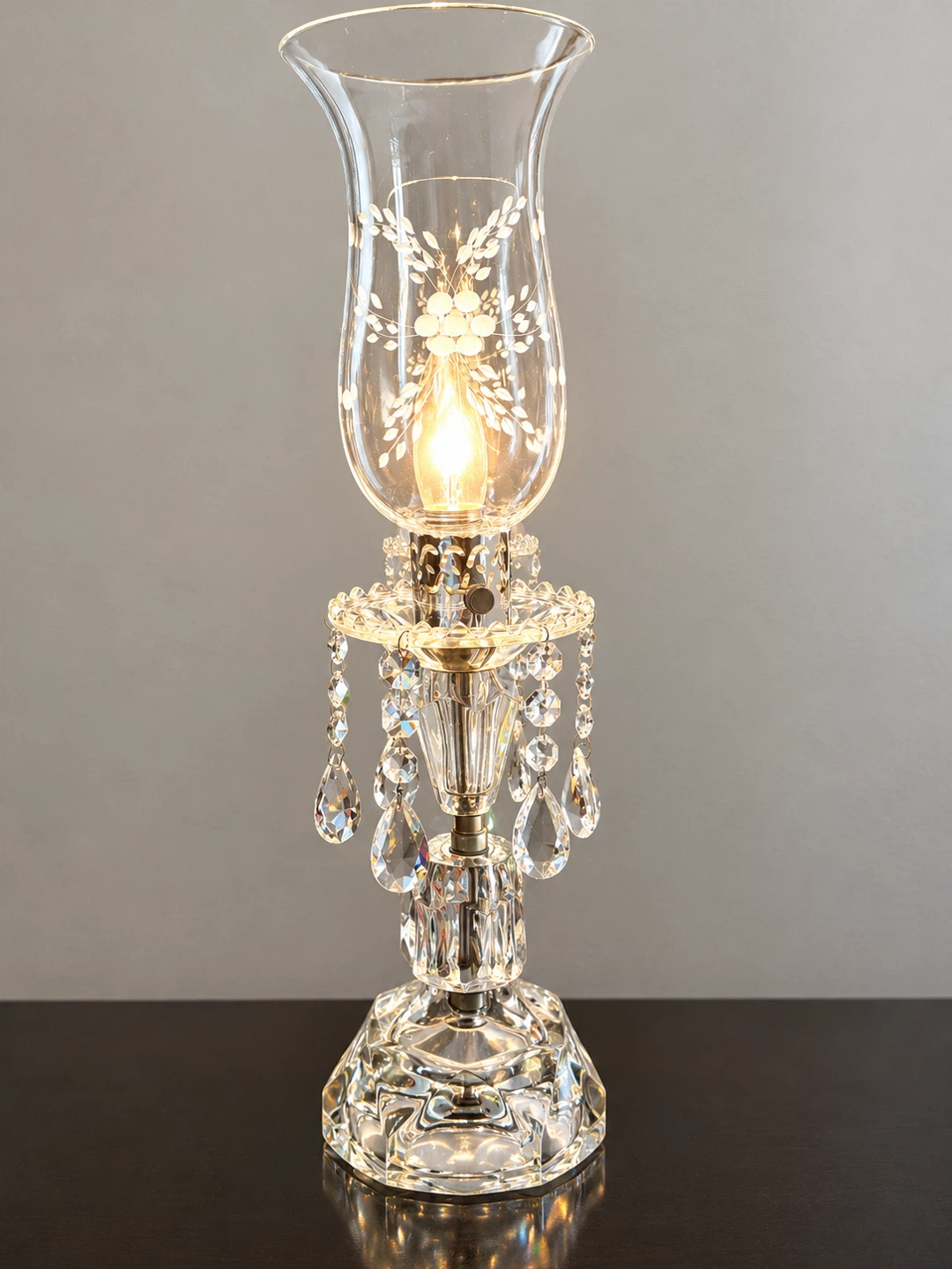 Vintage Crystal Hurricane Table Lamp with Prisms